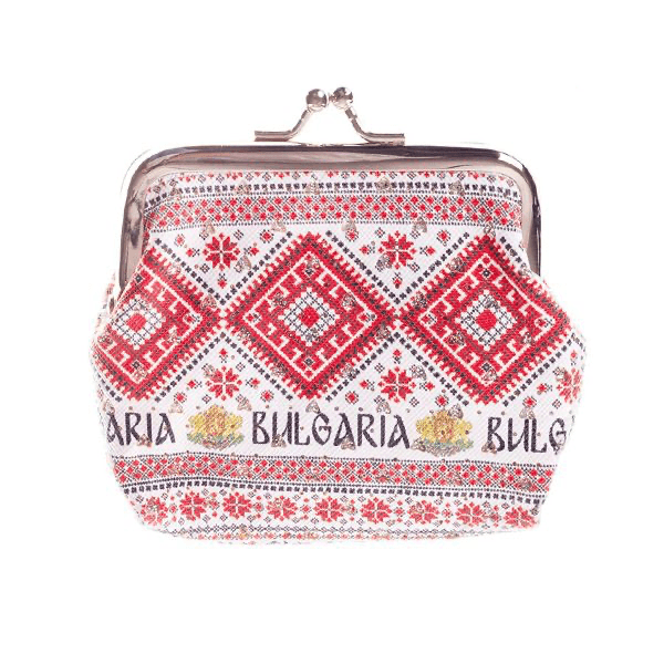 Geldbörse Bulgarien mit roter Volksstickerei und Metallverschluss. Traditionelles Design vereint Kunst und Kultur aus Bulgarien.