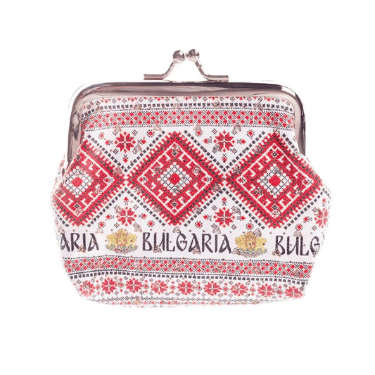Geldbörse Bulgarien mit roter Volksstickerei und Metallverschluss. Traditionelles Design vereint Kunst und Kultur aus Bulgarien.