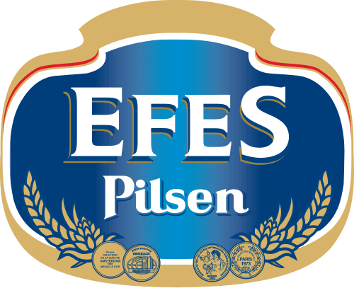 EFES Pilsener Bier Logo mit goldenen Ähren und Auszeichnungen, traditionelles türkisches Bier der Anadolu Gruppe seit 1969.