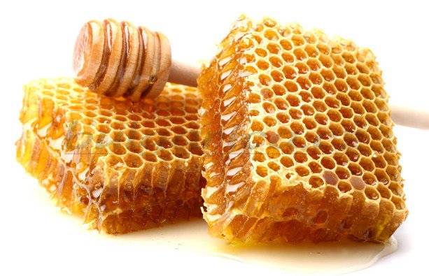Bulgarische Bienenwabe mit goldfarbenem Blütenhonig, 250g Natürprodukt, ideal für Tee und Desserts. Frische Honigwaben auf weißem Hintergrund.