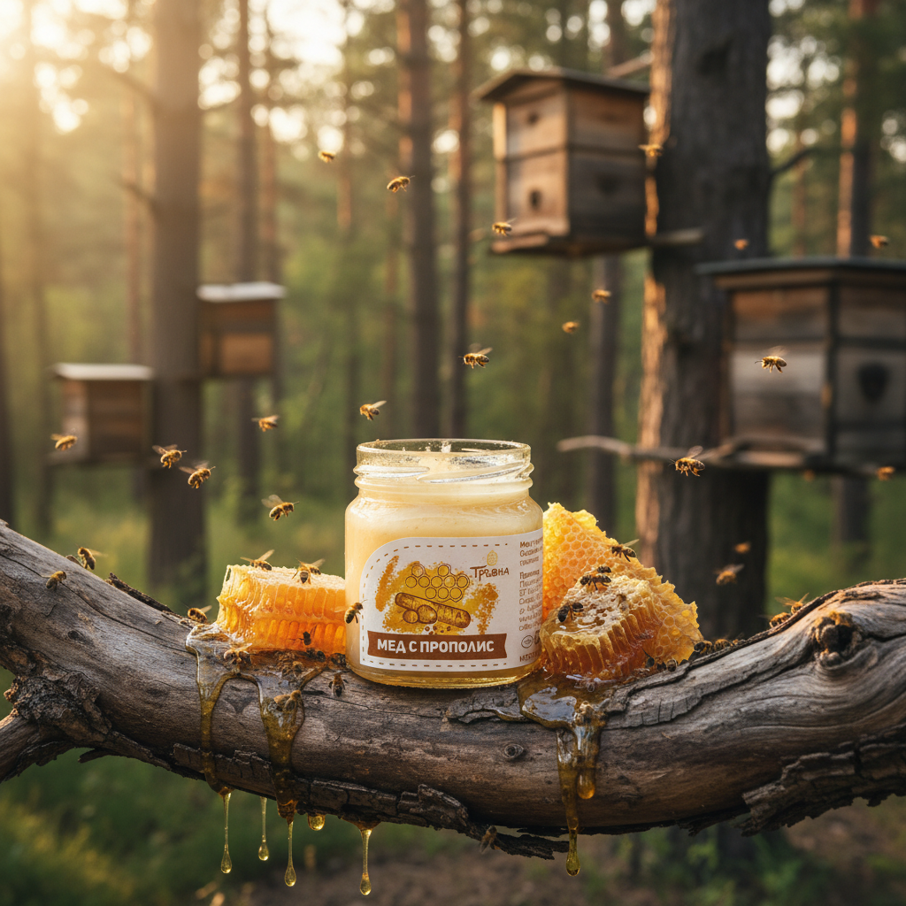 Honig mit Propolis Travna - Bulgarien, 240g Glas mit goldfarbenem Deckel. 100% Blütenhonig & Propolis, ideal für Tee oder Müsli.