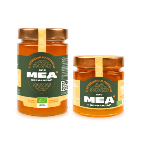 Zwei Gläser Korianderhonig Bulgarien - Honig mit Koriander | 300g und 100g, Bio-Qualität, würzig-karamelliger Geschmack, ideal für Tee und Desserts.
