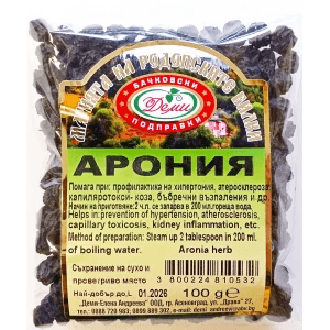 Natürlicher Aronia-Tee Bulgarien Demi 100g in transparenter Verpackung mit getrockneten Beeren, reich an Antioxidantien für das Immunsystem.