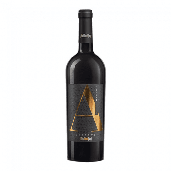 Asenovgrad Mavrud Wein - Reserva Bulgarien in 0.75l Flasche mit elegantem schwarzem Etikett und goldener Verzierung, rubinroter Qualitätswein.