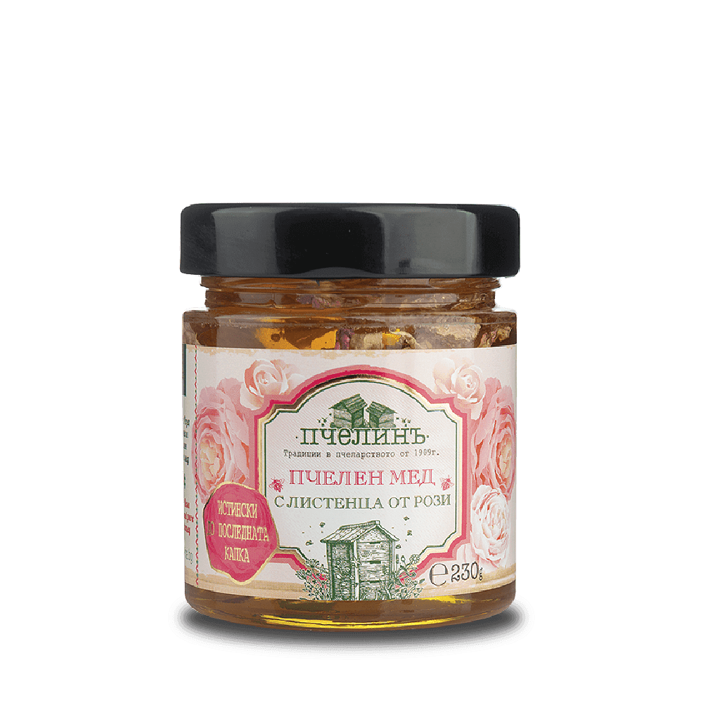 Pcelin Bienenhonig Rosenblättern - Bulgarischer Geschmack | 230g im Glas mit Etikett und Rosenmotiv, hochwertiger Honig aus Bulgarien.