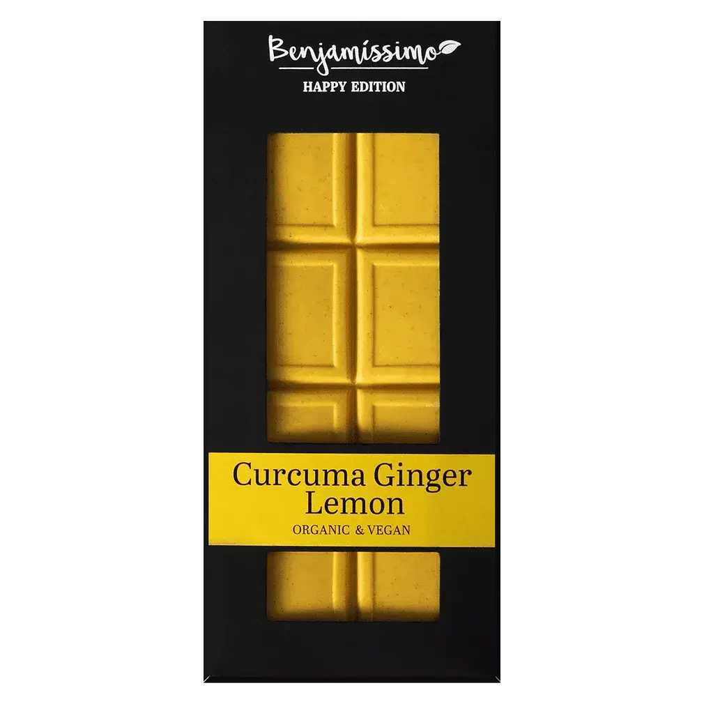 Bio vegane glutenfreie Kurkuma Ingwer Zitrone Schokolade 60g Benjamissimo Happy Edition - Bulgarian TreasuresBulgarian Treasures