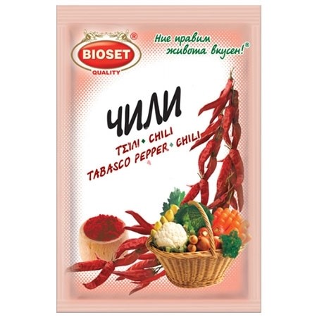 Chili Flocken Bioset 80g Gewürzverpackung mit getrockneten Chilischoten und Gemüsekorb, ideal für scharfe Gerichte und Würzmischungen.