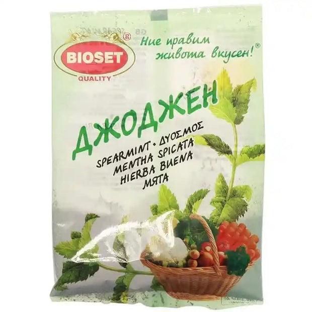 Bioset Krauseminze 40g Gewürzverpackung mit bulgarischer Aufschrift und Minzabbildung, ideal für die Kategorie Kräuter & Gewürze.