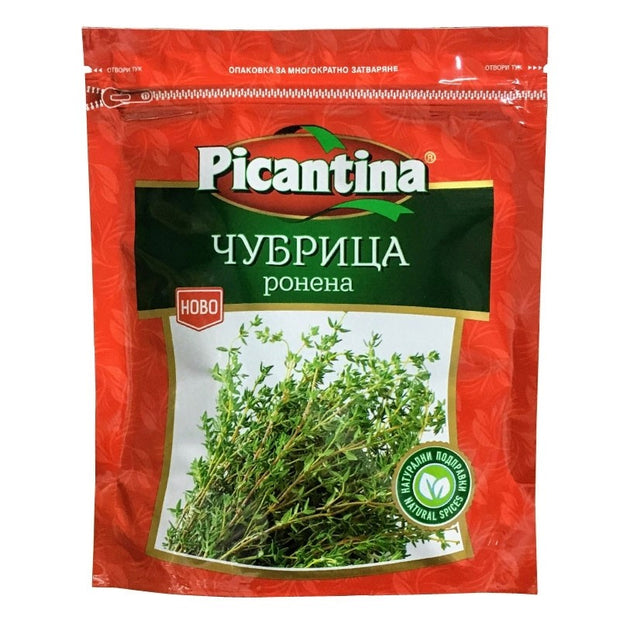 Tschubritza Pikantina - Bohnenkraut 50g in roter Verpackung mit Kräuterabbildung, ideal zum Würzen bulgarischer Gerichte.