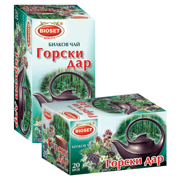 Herbal Forest Tea - Bioset 30g in dekorativer Verpackung mit Waldmotiv und Teekanne, ideal für aromatische Kräuterteemischungen.