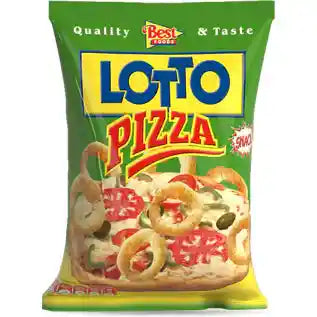 Lotto Pizza Flavored Corn Snack 75g in grüner Verpackung mit Abbildung von Maissnackringen und Pizzabelag, ideal für Snackliebhaber.