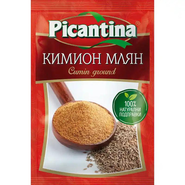 Picantina Kreuzkümmel/Кимион gemahlen 10g mit Holzlöffel und ganzen Samen, erhältlich bei Bulgarian Treasures. Ideal zum Würzen bulgarischer Gerichte.