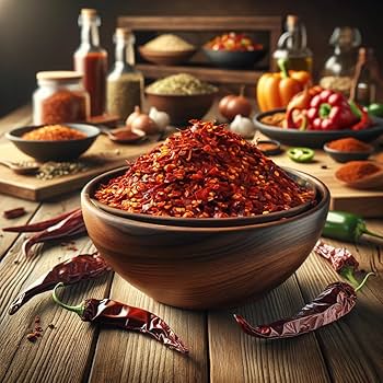 Chili Flocken Bioset 80g in Holzschale auf rustikalem Tisch mit getrockneten Chilischoten, perfekt für die Küche und scharfe Rezepte.