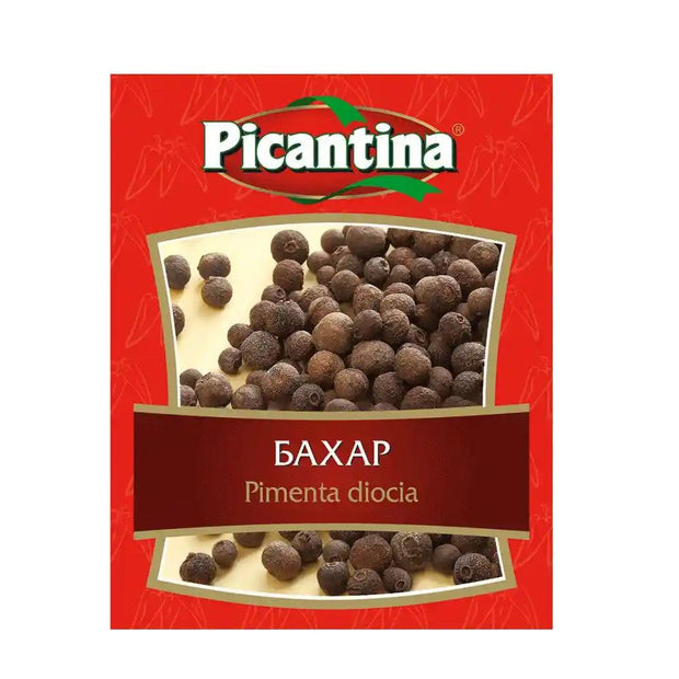 Würzen/Бахар 10 g Pikantina - Gewürzmischung aus ganzen Pimentkörnern in roter Verpackung, ideal zum Würzen von Fleisch- und Gemüsegerichten.