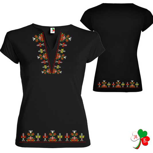 Damen-Т-Shirt Schwarz mit Bulgarischer Stickerei  M oder S