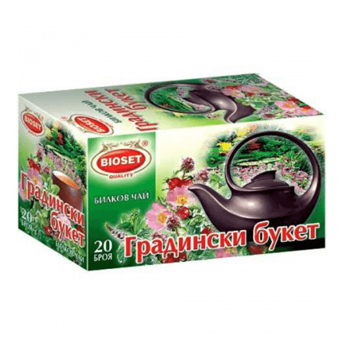 Früchtetee-Mischung Tee Garten Bouquet Bioset-Градински Букет 40g mit 20 Teebeuteln, aromatisch mit Gartenfrüchten in bunter Verpackung