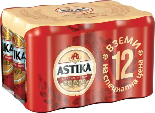 Astika Bier Box - Bulgarien Lagerbier | 12 Dose x 500 ml in roter Verpackung mit goldenen Details, ideal für Bierliebhaber und Partys.