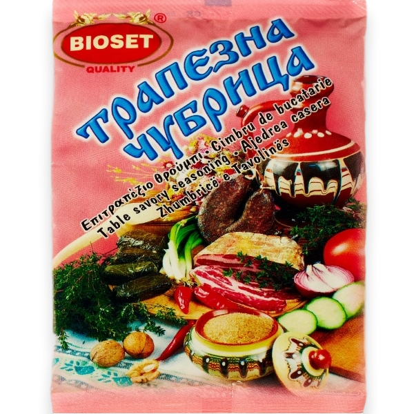 Trapezna Tschubritza Bohnenkraut 40g von BioSet mit traditioneller bulgarischer Verpackung, ideal für Gewürze und eingelegtes Gemüse.