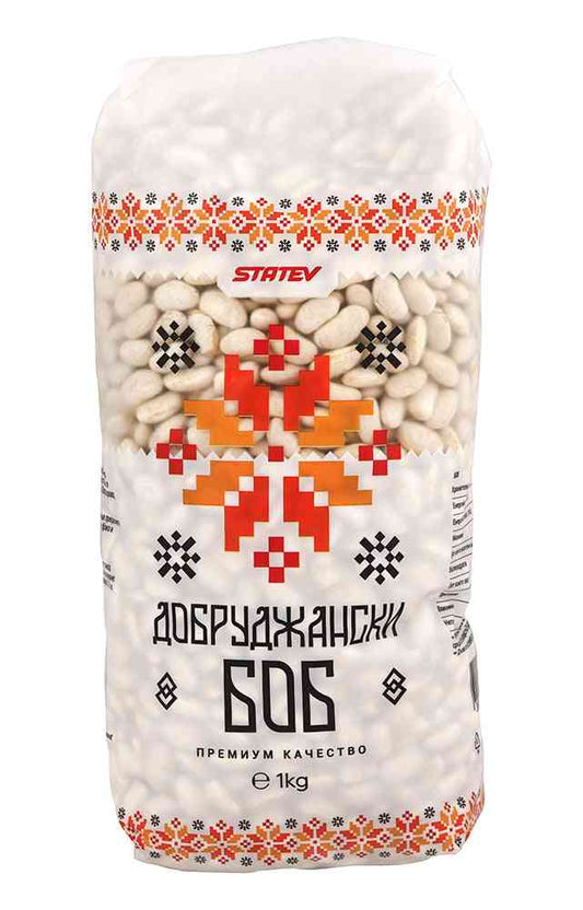 Dobrudjanski Bohnen 1kg in traditionell gestalteter Verpackung mit folkloristischem Muster, ideal für frische und gefrorene Gemüsegerichte.