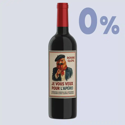 Rotwein Alkoholfrei Aperitif - Frankreich: 0% Vol, vegan in 0,75l Flasche mit auffälligem Etikett und rotem Schraubverschluss, ideal für alkoholfreien Genuss.