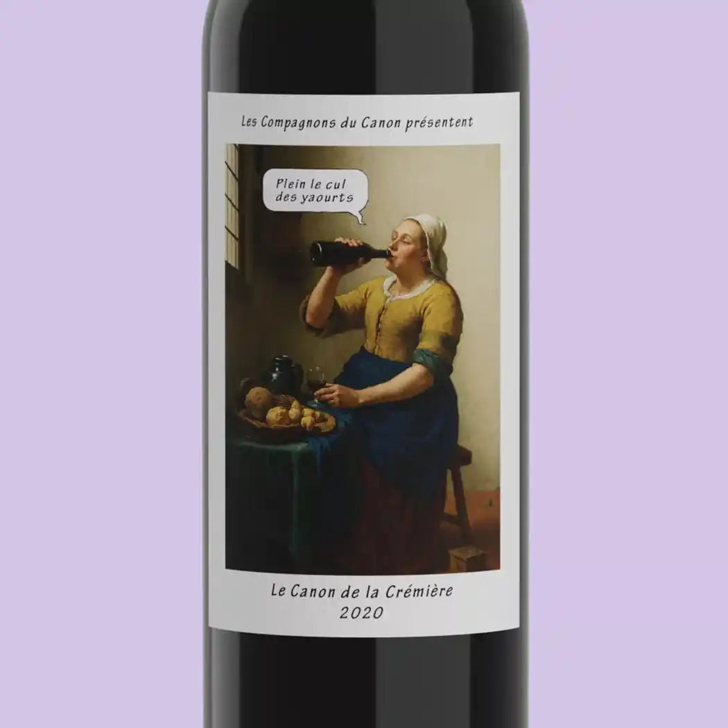Detailansicht des Etiketts vom Rotwein Le Canon de la crémeére 2020 - Bordeaux mit humorvoller Illustration und Jahrgangsangabe.