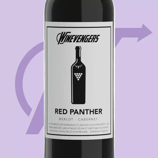 Etikett des Rotwein Red Panther Winevengers Bordeaux mit stilisiertem Flaschendesign und Beschreibung auf Französisch.