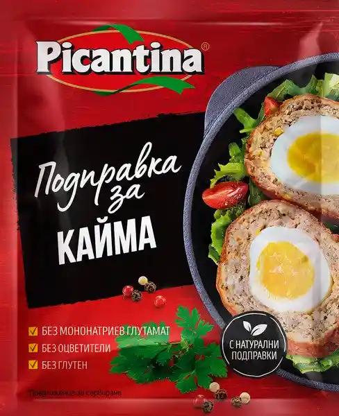 Gewürz für Hackfleisch Picantina - 60 g in roter Verpackung mit Abbildung eines gefüllten Hackbratens mit Ei. Ideal für würzige Fleischgerichte.