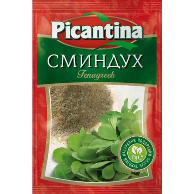 Picantina Bockshornklee 8g aus Bulgarien in roter Verpackung mit getrocknetem und frischem Kraut, authentisch würzig für traditionelle Gerichte.