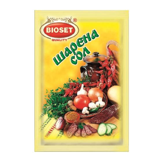Bioset Kräutersalz Sharena Sol 40g Gewürzmischung mit Paprika, Knoblauch, Zwiebeln und Kräutern in bunter Verpackung für bulgarische Küche.