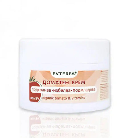 Tomatenaufhellende Creme 60 ml - Evterpa in weißem Tiegel mit Etikett aus natürlichen Inhaltsstoffen wie Lycopin und Vitaminen für strahlende Haut.
