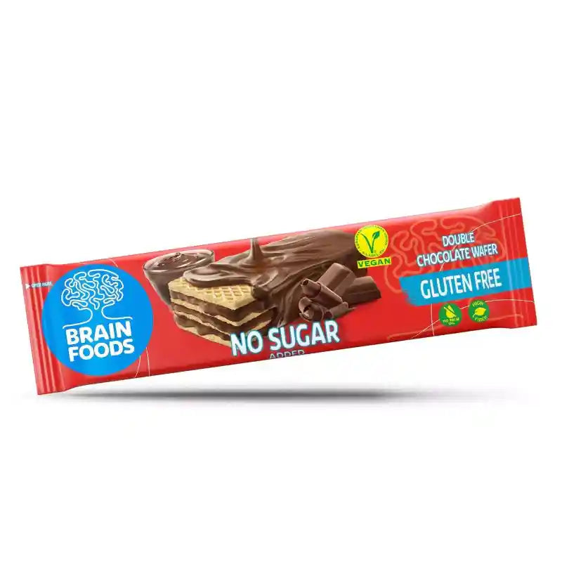 Vegane Doppelte Schokoladenwaffel von Brain Foods im Einzelriegel, glutenfrei und ohne Zuckerzusatz. Perfekt für bewusste Naschkatzen.