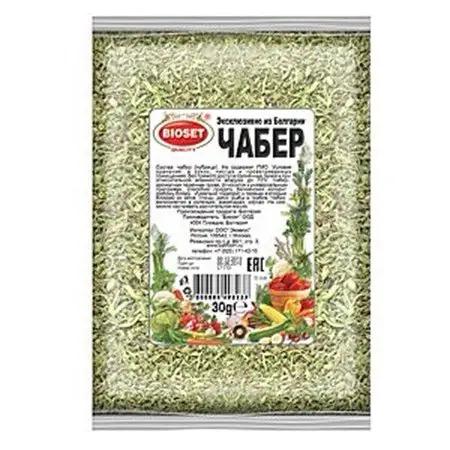 Bioset gebröckelt Bohnenkraut Tschubritza 30g in transparenter Verpackung mit Etikett auf Bulgarisch, ideal für Gewürzliebhaber.