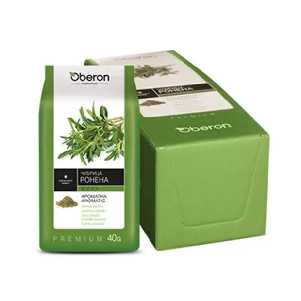 Oberon Tschubritza gebröckelt 40g Gewürzpackung mit aromatischem bulgarischem Bohnenkraut, präsentiert neben der grünen Produktbox.